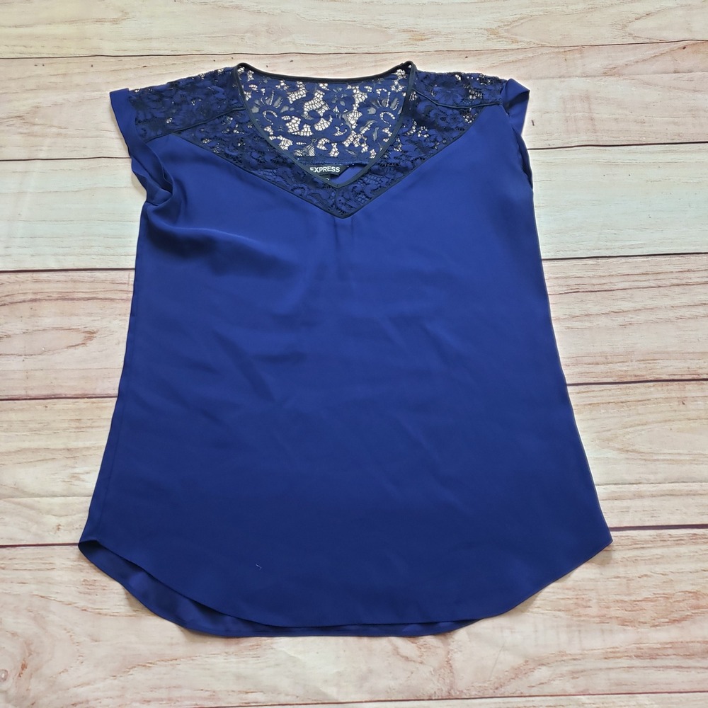 Express Lace Yoke Blouse Womens‎ Medium Royal Blue V-Neck Cap Sleeve Top Ladies